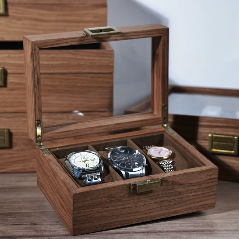 Boîte de rangement et de présentation pour montres et bijoux en bois de noyer noir massif