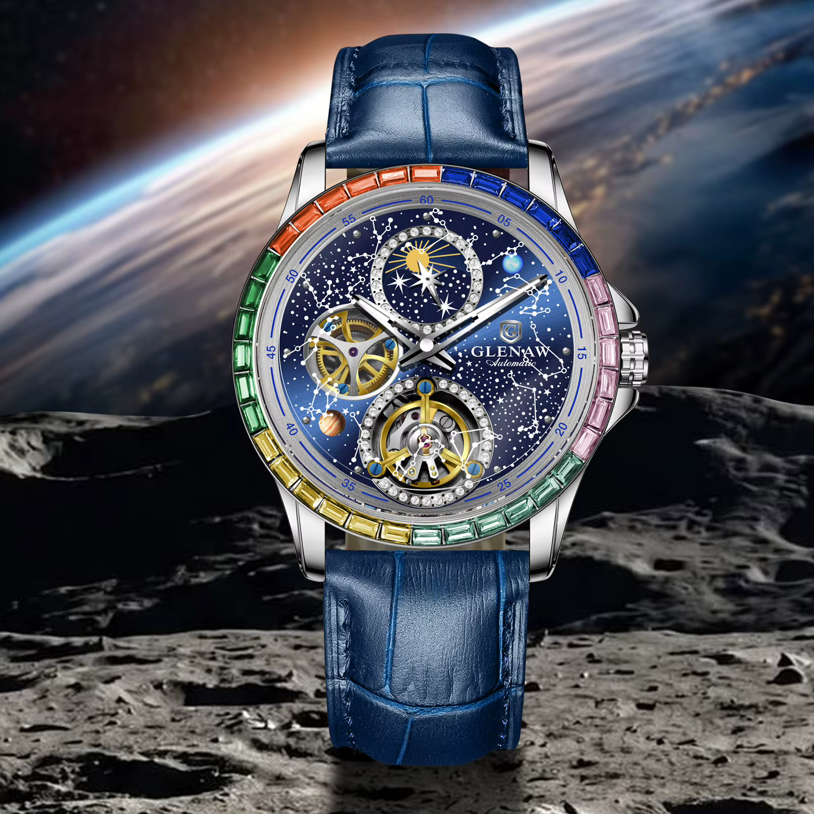 GLENAW 2025 Nouvelle Montre Mécanique Homme Design Cercle Arc-en-ciel Cadran Constellation Lumineux Étanche