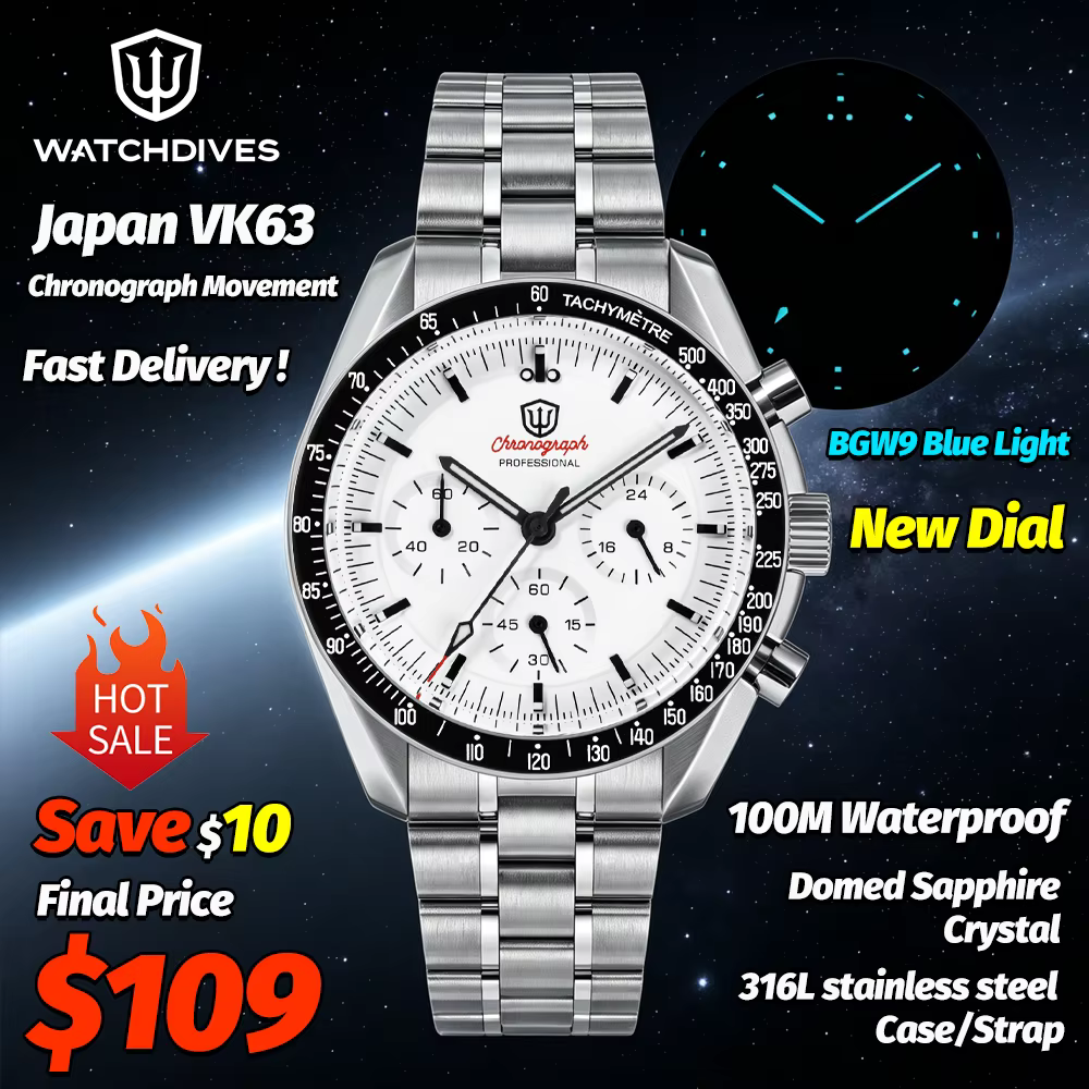 Watchdives WD1860 montres chronographe de sport VK63 montre-bracelet à Quartz Ar saphir Bgw9 acier inoxydable 200M étanche 40Mm montre