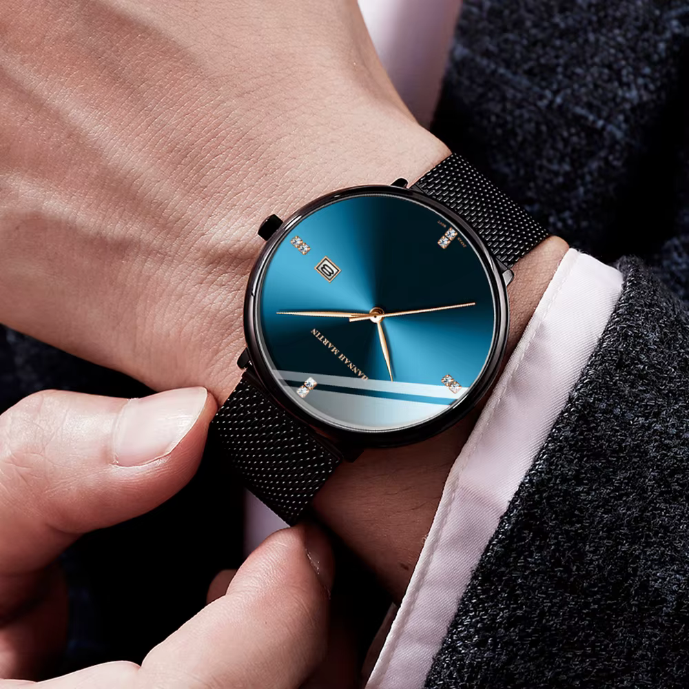 Hannah Martin montre pour hommes avec mouvement importé japonais affaires en acier inoxydable maille ceinture 3Bar