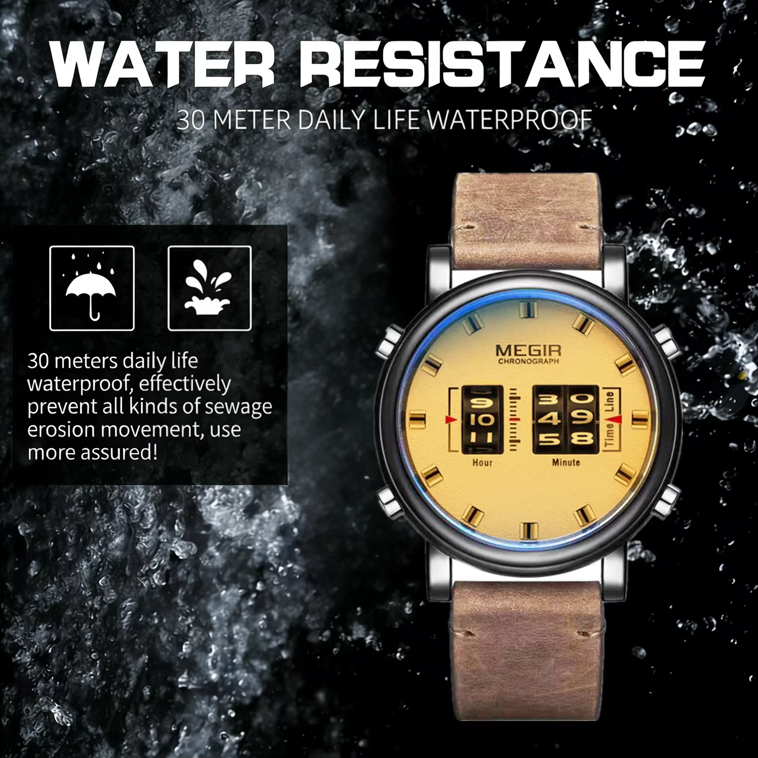 Montre-bracelet numérique MEGIR Roller, cadran numérique, mouvement à quartz, montre de sport pour homme, 3ATM étanche, bracelet en cuir, montres Reloj Hombre