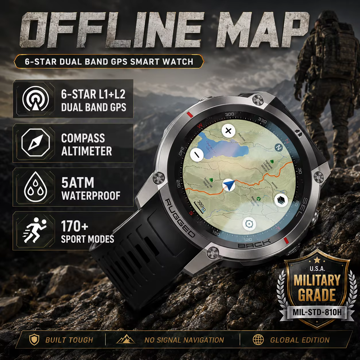 Montre connectée militaire robuste 2026 avec GPS et cartes hors ligne