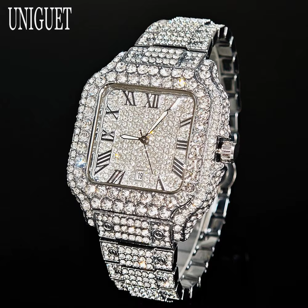 UNIGUET offre spéciale montre glacée de luxe pour homme mode montres carrées hommes Hip Hop diamant Bling bijoux montre-bracelet Reloj Hombre