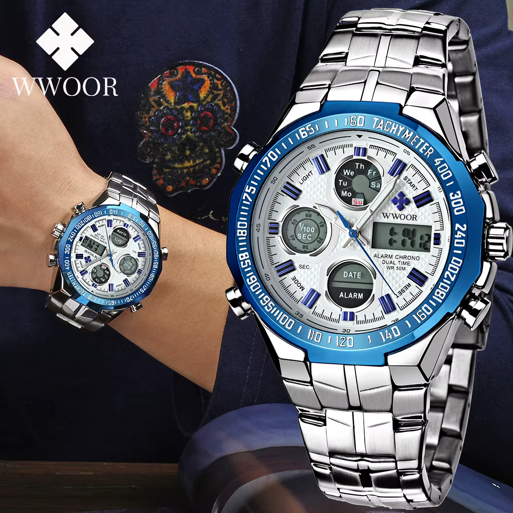 Wwoor Top marque analogique hommes 50 m étanche chronographe Sport militaire mâle horloge homme lumineux double affichage Quartz montres