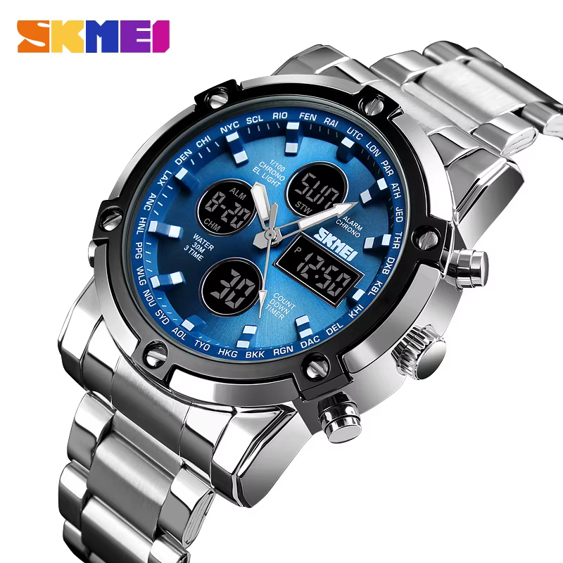 SKMEI 1389 Bracelet montre-Bracelet horloge montre à Quartz numérique hommes trois fois étanche