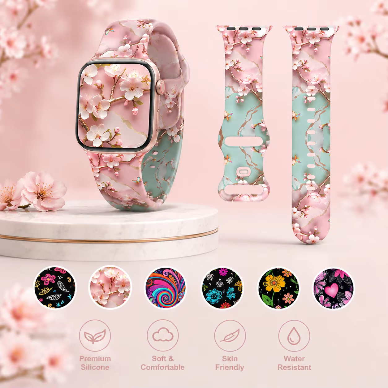 Bracelet de montre à motif floral pour Apple Watch 40/41/42/44/45/46/49mm