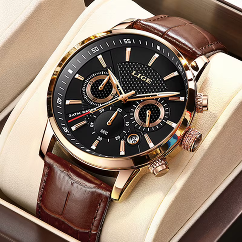 LIGE montre de luxe hommes en cuir Sport montres