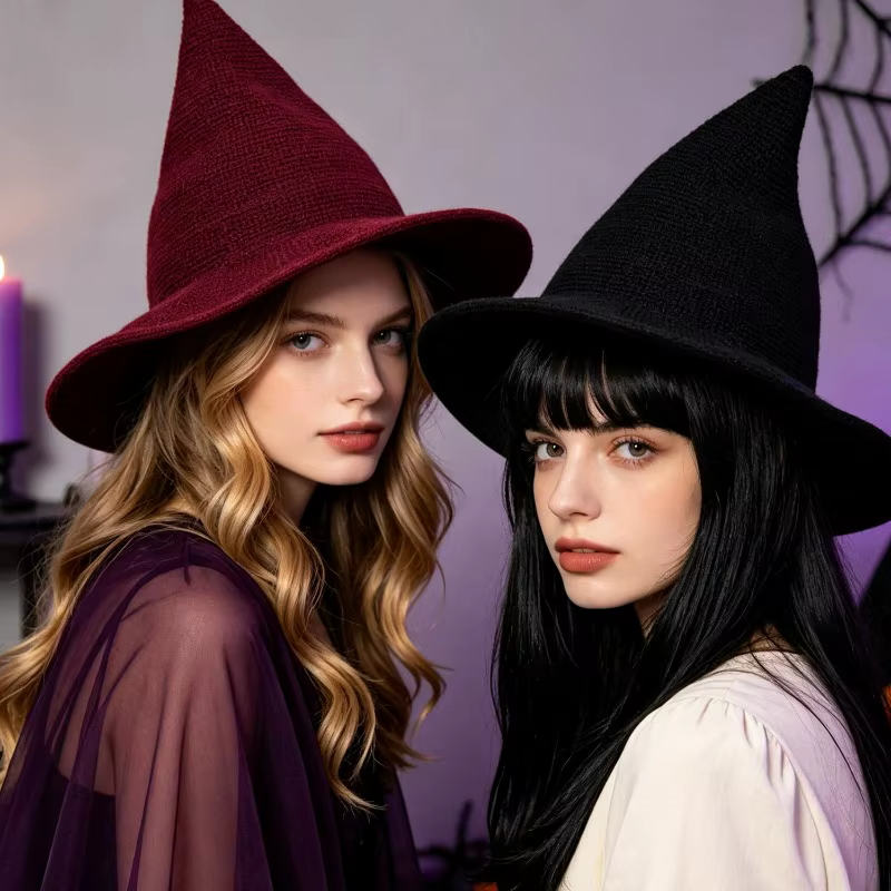 Chapeau de sorcière d'Halloween tricoté à pointe pour femme, accessoire de costume à large bord en polyester doux et chaud, idéal pour cosplay, fête, style gothique, bordeaux