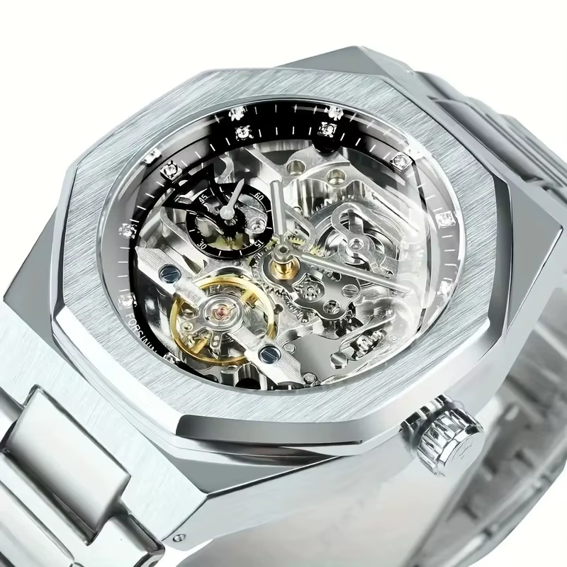 Montre mécanique automatique de luxe pour homme, design hexagonal unique et élégant, bracelet en acier inoxydable, cadeau idéal pour lui, montre de luxe pour homme | Bracelet à la mode | Cadran tr