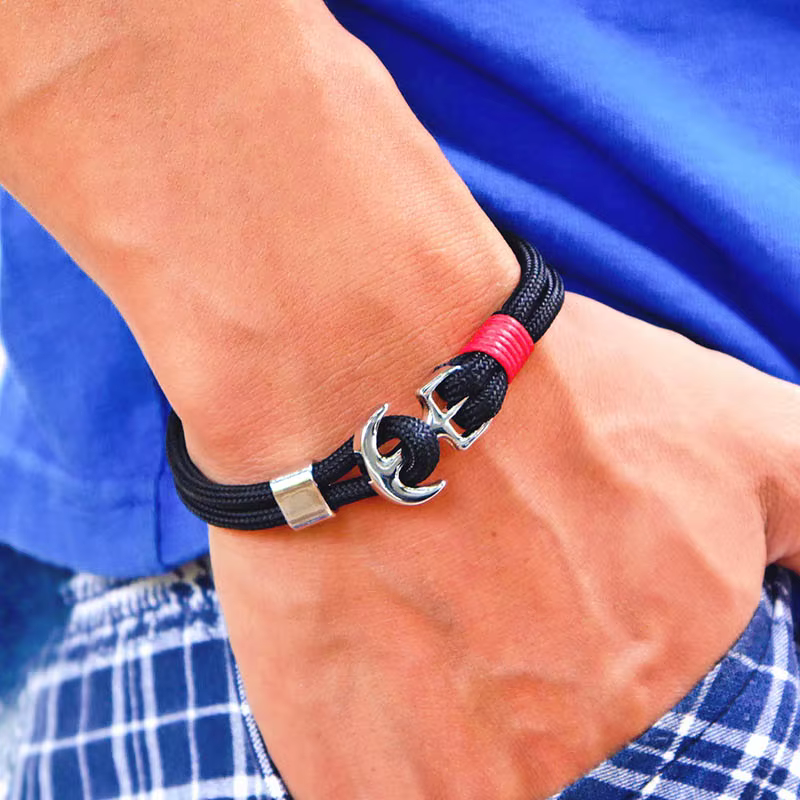Bracelet en corde tressée pour hommes, ancre nautique, bicouche, couleur argent, crochet de qualité A, cordon Minlan, Bracelet d'enveloppe, bijoux de plage, de surf