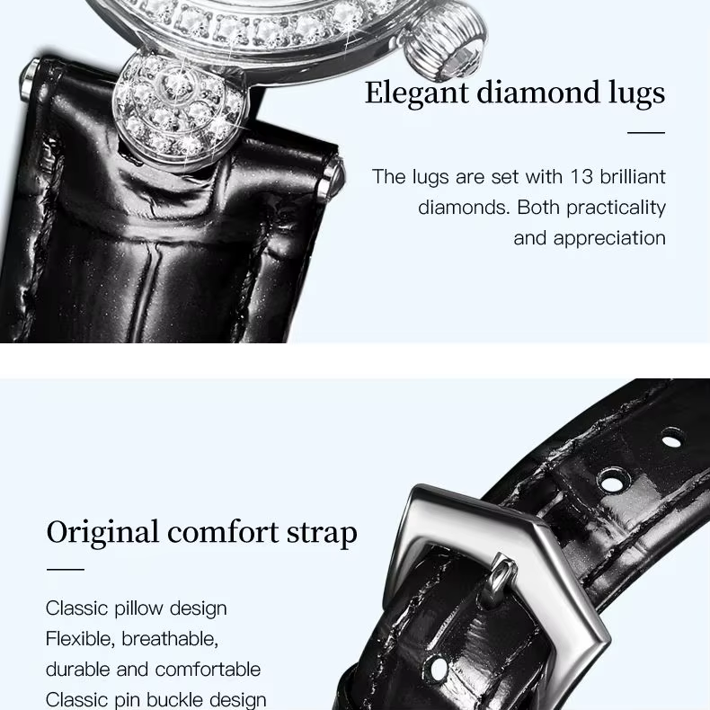 JSDUN 8827 femmes Montre de luxe diamant cadran numérique étanche bracelet en cuir haut de gamme mode