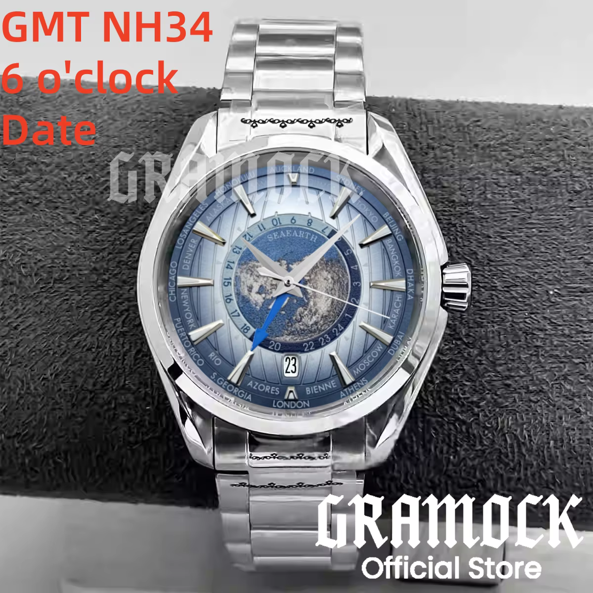 Gramock 40mm heure mondiale GMT Zone carte hommes 6 heures Date montre automatique NH34A mécanique plongée montre-bracelet en acier/caoutchouc bracelet