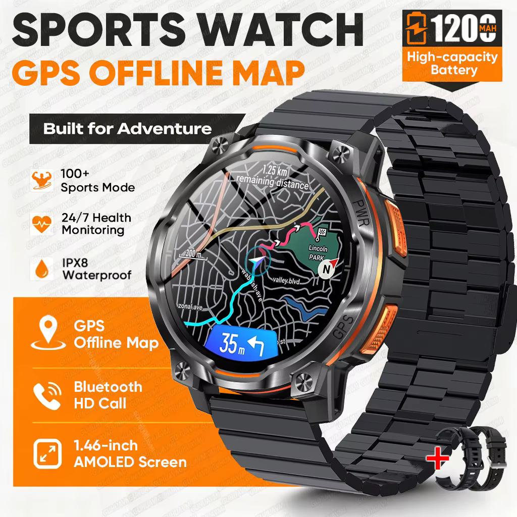 Nouvelle montre intelligente de navigation GPS 2026 avec batterie de 1200 mAh, boussole intégrée, ChatGPT, surveillance de la santé, étanche, bracelet sport militaire