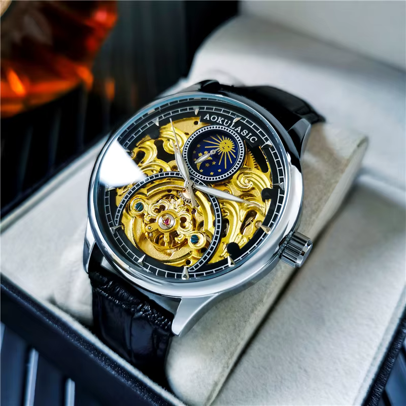 AOKULASIC Tourbillon hommes montres haut de gamme de luxe squelette automatique montre mécanique bracelet en cuir décontracté Phase solaire mâle horloge