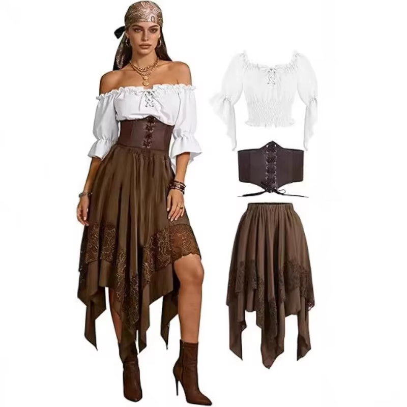 Costume de pirate Renaissance pour femmes, ensemble 3 pièces, chemisier, corset, ceinture, jupe asymétrique en dentelle, déguisement d'Halloween, tenue médiévale