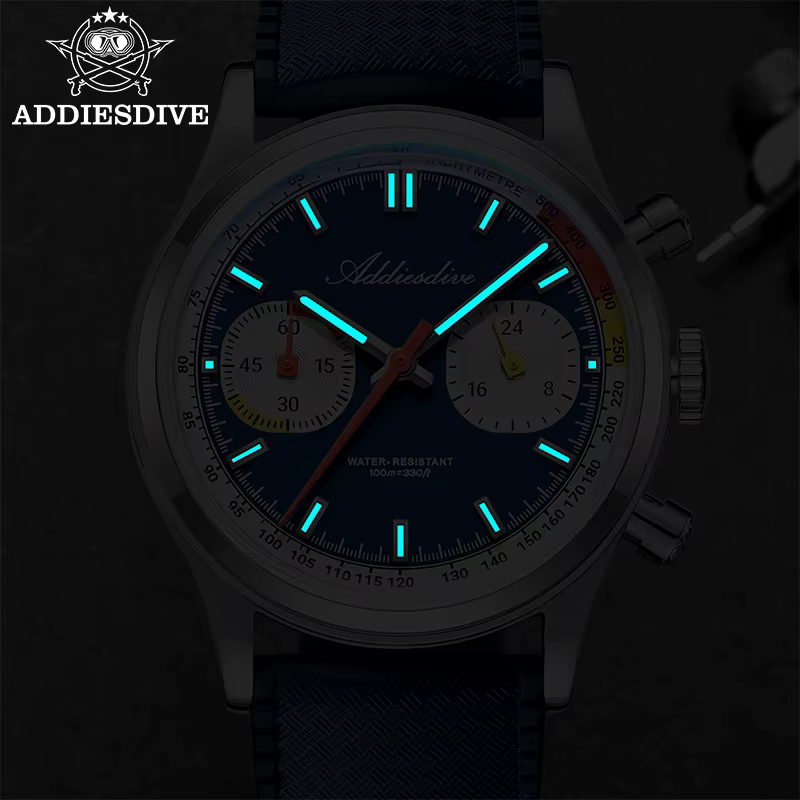 ADDIESDIVE TOP 38mm chronographe montre VK64 10Bar étanche BGW9 Super lumineux fluorocarbone caoutchouc Quartz