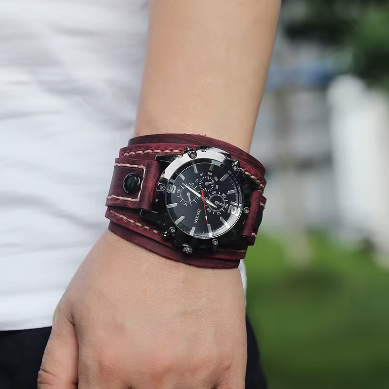 Montre punk vintage en cuir de vachette pour hommes et femmes
