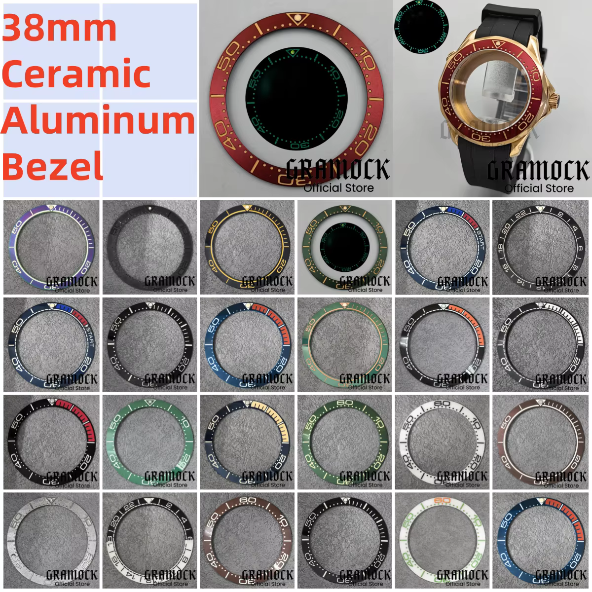 Gramock Vintage 38mm aluminium brossé bordeaux rouge vert montre lunette Lume Fit 41mm boîtier