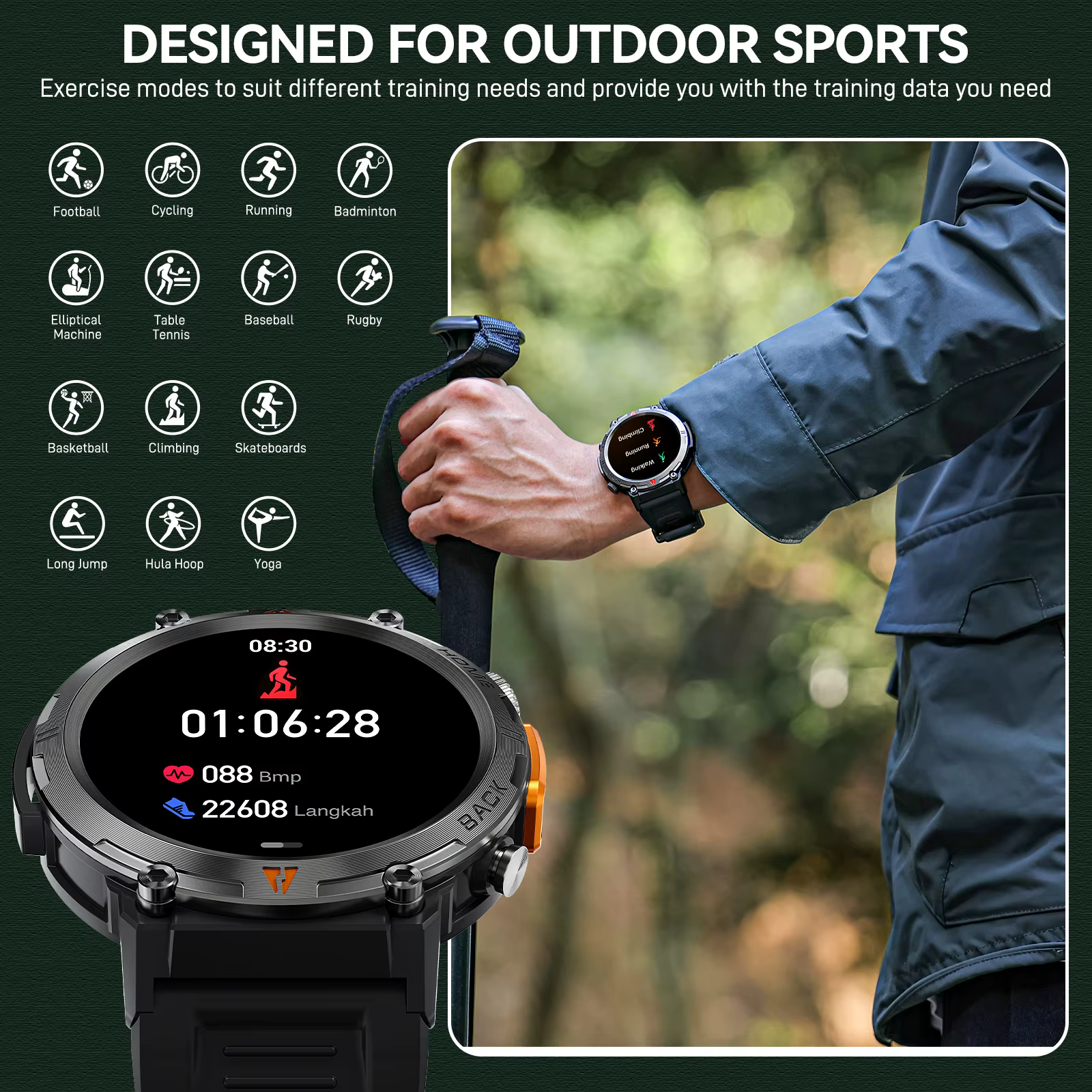 EIGIIS montre intelligente militaire pour hommes avec LED 1.45 " Smartwatch extérieur avec appels Bluetooth moniteur de fréquence cardiaque et de sommeil traqueur d'activité physique
