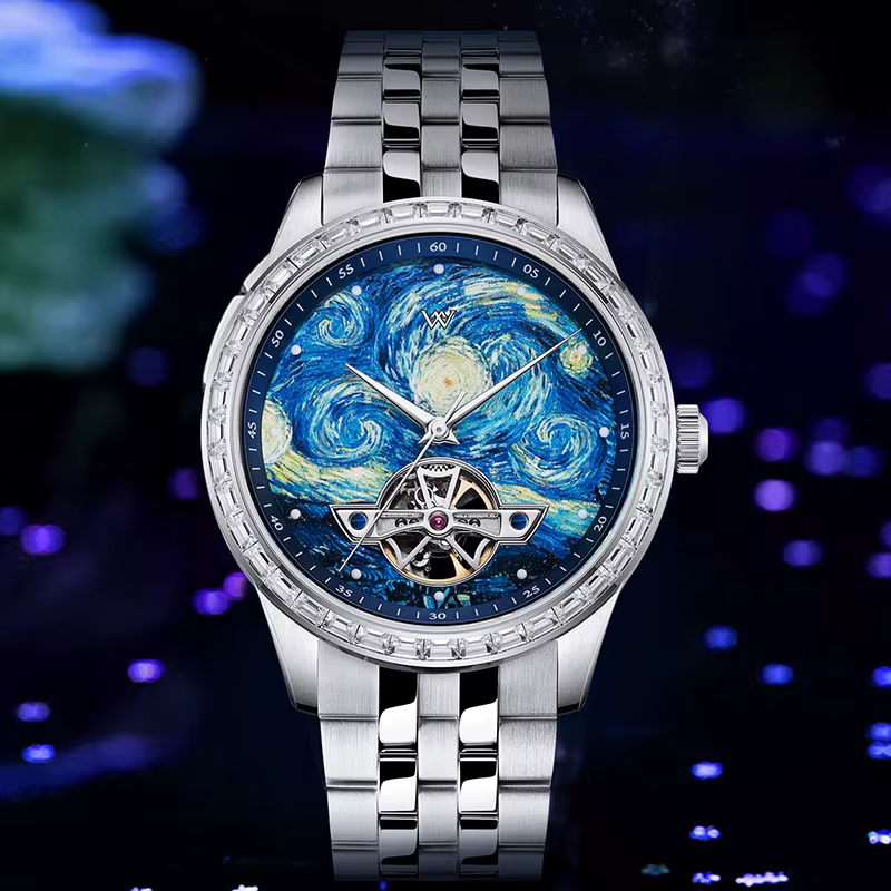 WM Watch Montre mécanique squelette étanche avec cristal saphir et boîtier en acier inoxydable