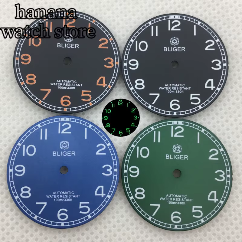 BLIGER 29mm cadran lumineux noir vert bleu avec NH34 NH35 NH36 ETA 2836 2824 Miyota 8205/8215/821A perle DG2813/3804 mouvement