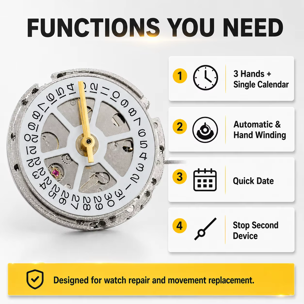 Mouvement de montre automatique en métal à 3 points de soudure 8205, calendrier simple, compatible 2813, pièce de rechange et de réparation