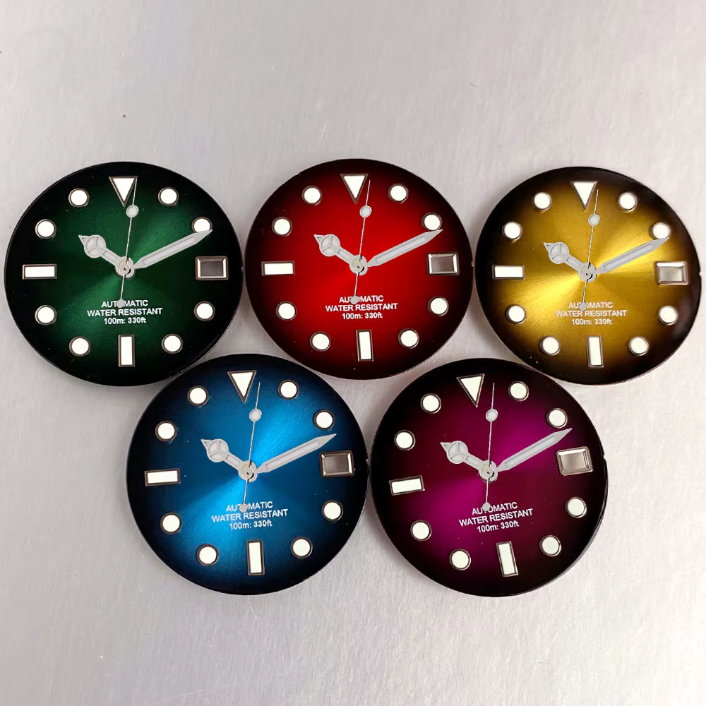 Cadran de montre lumineux Sunburst violet rouge vert bleu 29mm