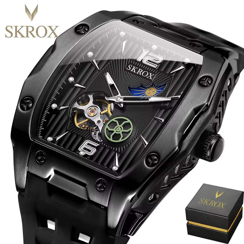 SKROX Designer luxe Phase de lune Toubillon mouvement automatique horloge mécanique haute qualité étanche Silicone montres pour hommes