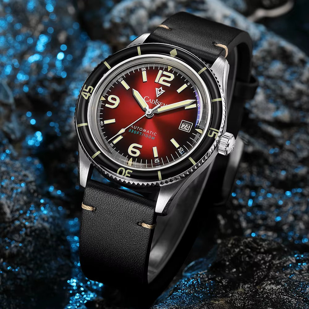 CADISEN 2026 montre hommes montres mécaniques mis5 8215 mouvement bracelet en cuir véritable étanche lumineux rouge