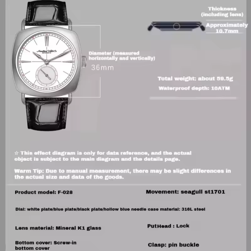 Hruodland 2025 montre mécanique pour hommes mouette St1701 36mm carré verre minéral acier inoxydable étanche 10Bar Reloj Hombre