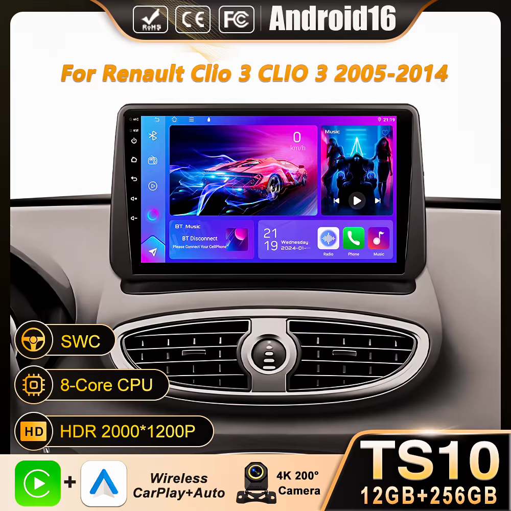 Android 16 QLED pour Renault Clio 3 CLIO 3 2005-2014 WIFI + 4G autoradio Navigation GPS Auto Carplay stéréo lecteur vidéo 360 caméra