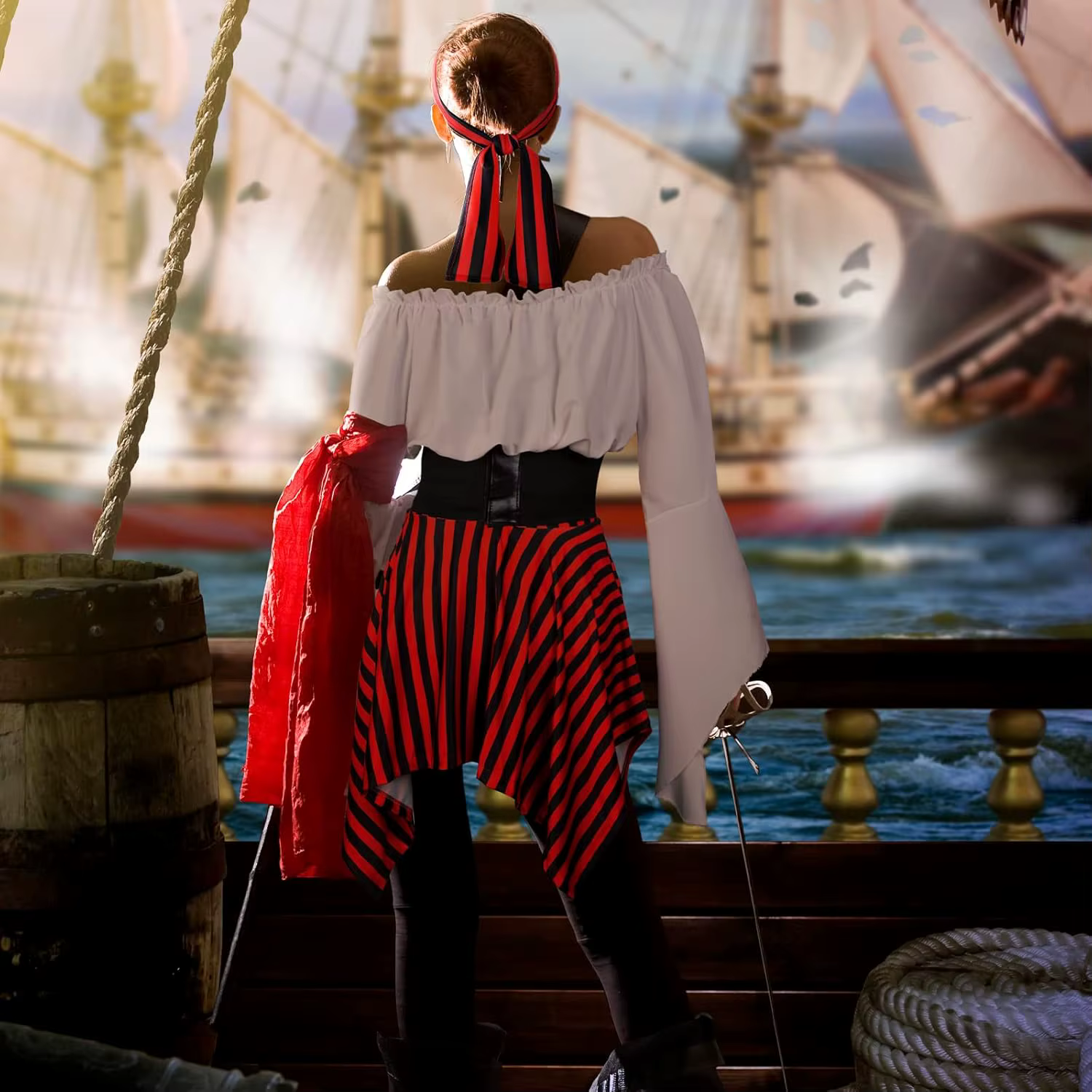 Costume de pirate pour femme pour Halloween, chemisier de pirate Renaissance, corset, ceinture, jupe de pirate pour fête d'Halloween, 4 pièces