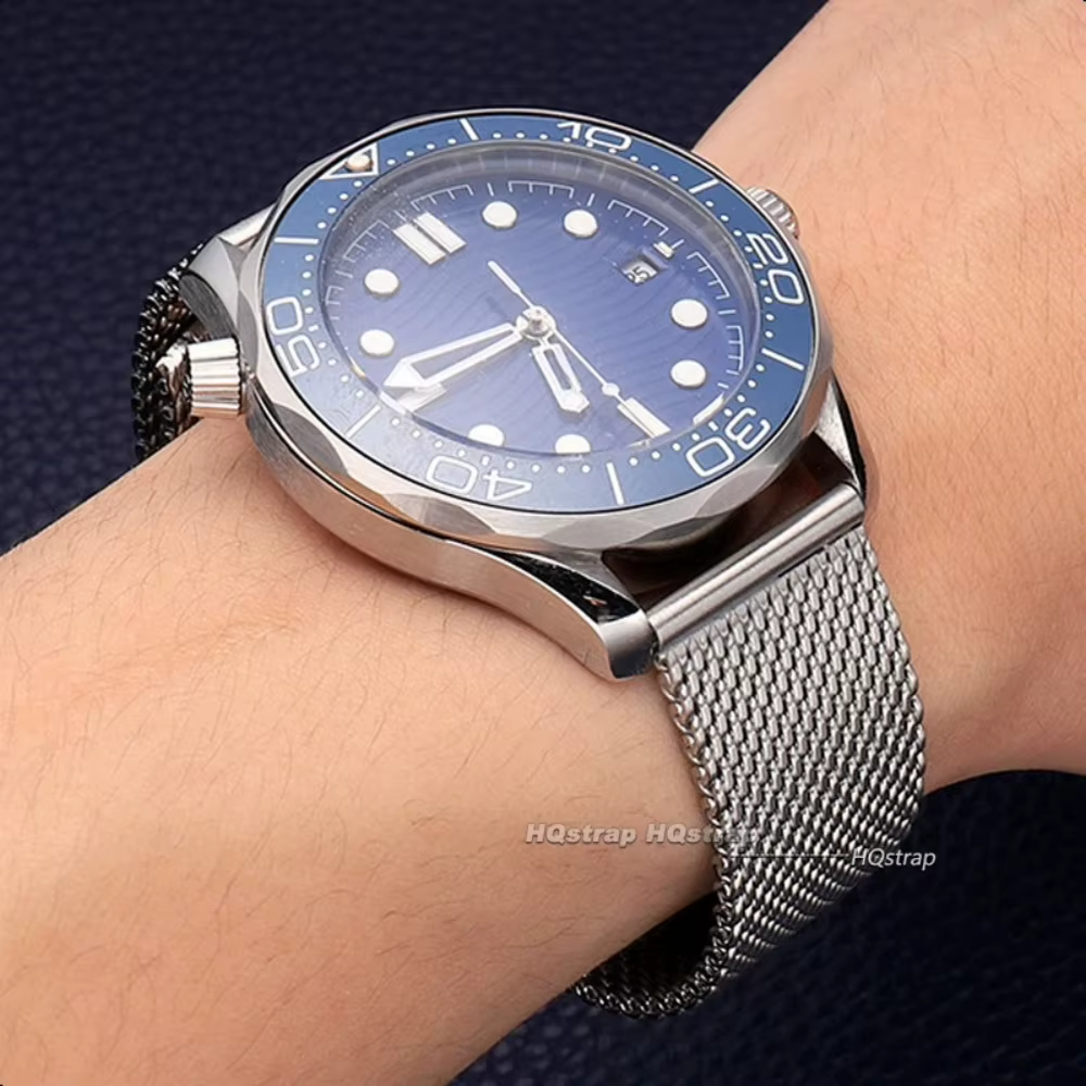 Bracelet de montre milanais en maille pour Omega Seamaster 007, métal et acier inoxydable avec fermoir pliant, 20mm 22mm, Bracelet de montre à dégagement rapide