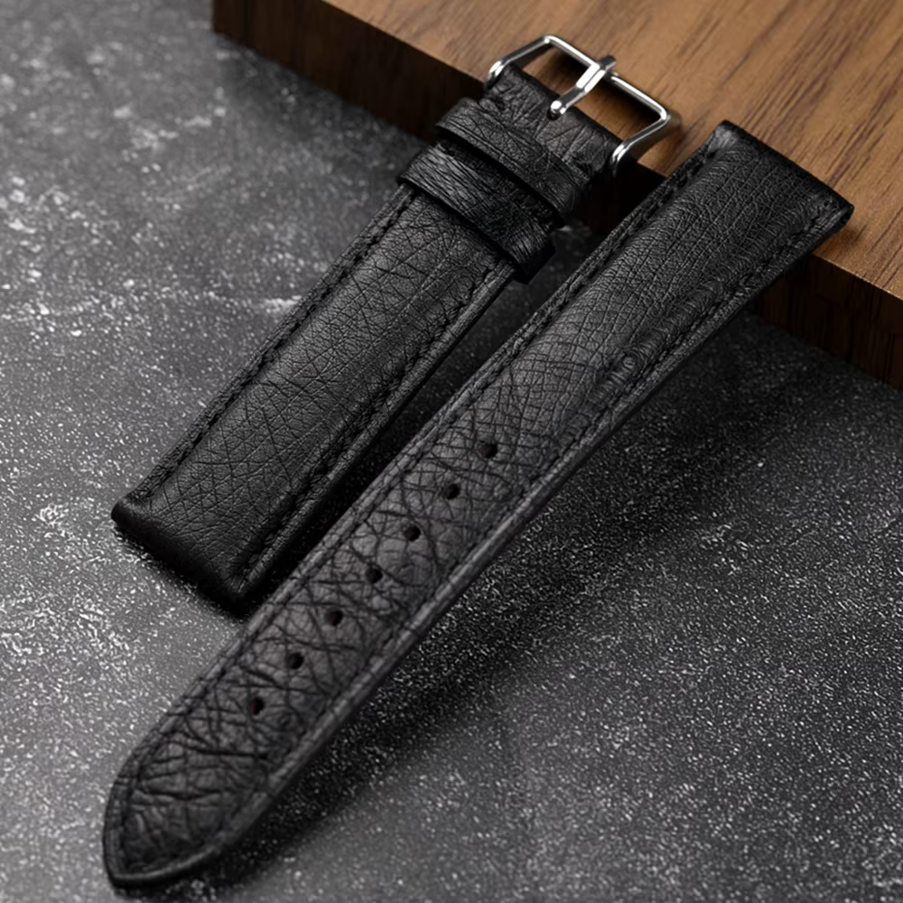 Bracelet noir en cuir d'autruche sud-africain fait à la main 18 19 20 21 22MM