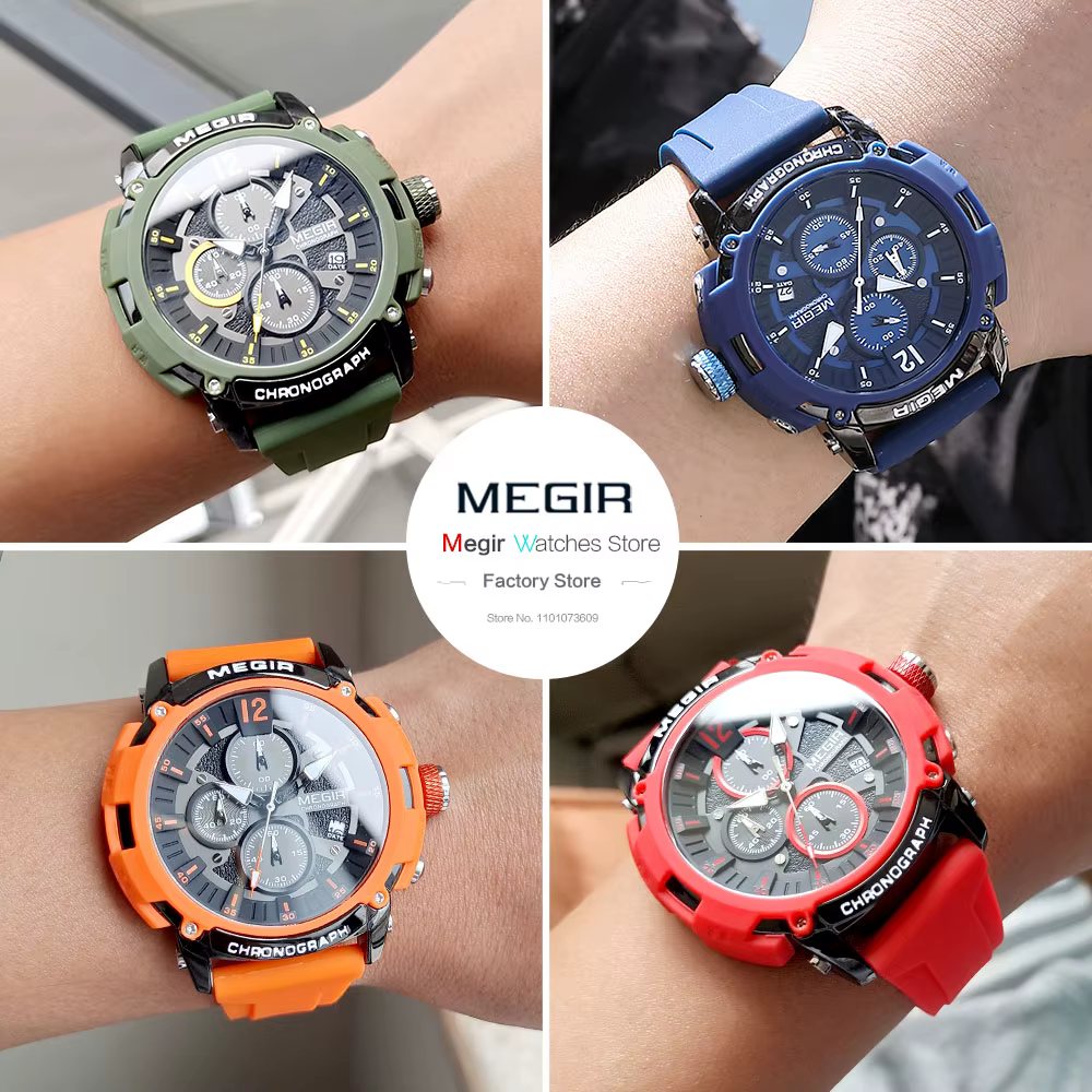MEGIR Orange Sport montres pour hommes mode étanche lumineux chronographe Quartz montre-bracelet avec Date automatique bracelet en Silicone 2208
