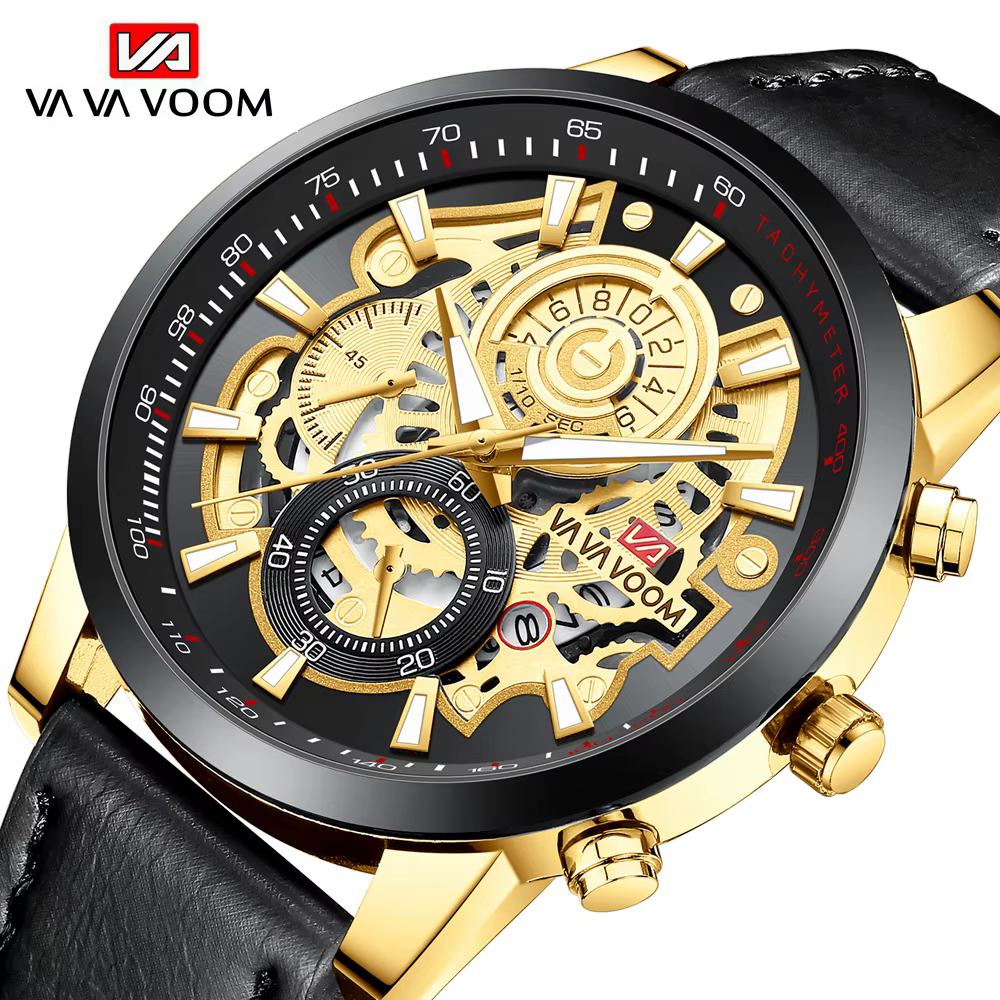 VA VA VOOM marque hommes montre en cuir mode équipement industriel horloge 45mm or Quartz mouvement étanche homme