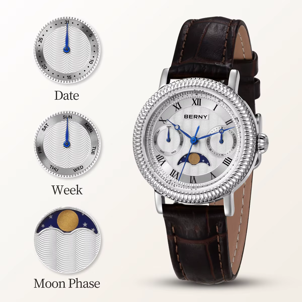 BERNY Montres pour femmes, montre de luxe pour affaires, phase de lune, élégante, à quartz, bracelet en cuir, acier inoxydable