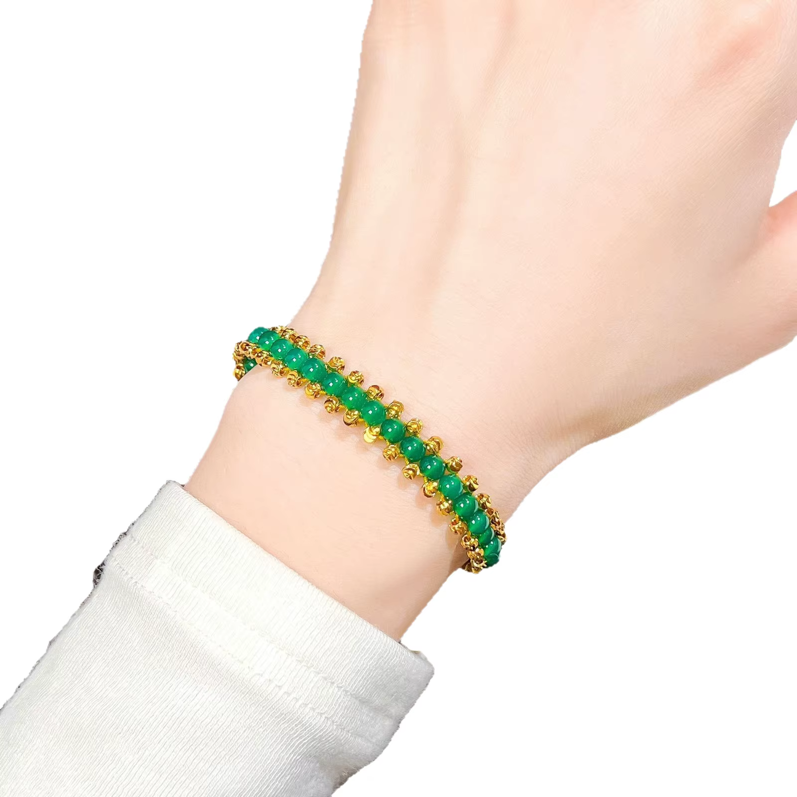 Bracelet en perles facettées d'agate verte et or sable, style rétro géométrique fait main, cadeau pour petite amie, simplicité moderne