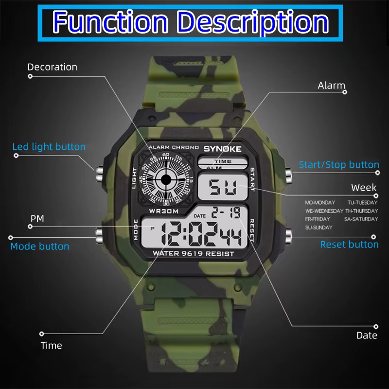 Synoke montre de Sport pour hommes antichoc mode 30M étanche natation montre-bracelet numérique coloré lumière LED mâle réveil