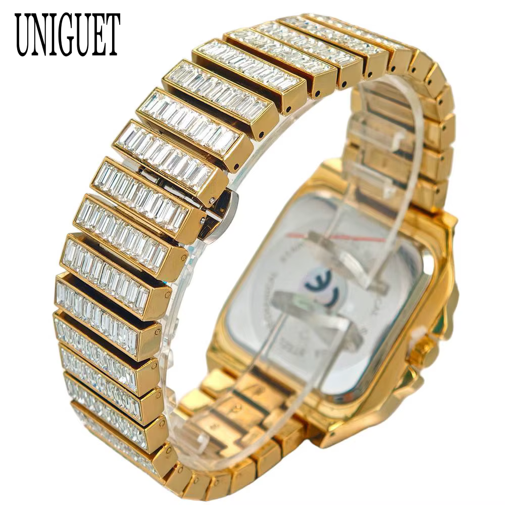 Montre en or de luxe pour hommes marque de mode UNIGUET Hip Hop pleine Baguette diamant bijoux Quartz montre-bracelet Mans Relogio Masculino