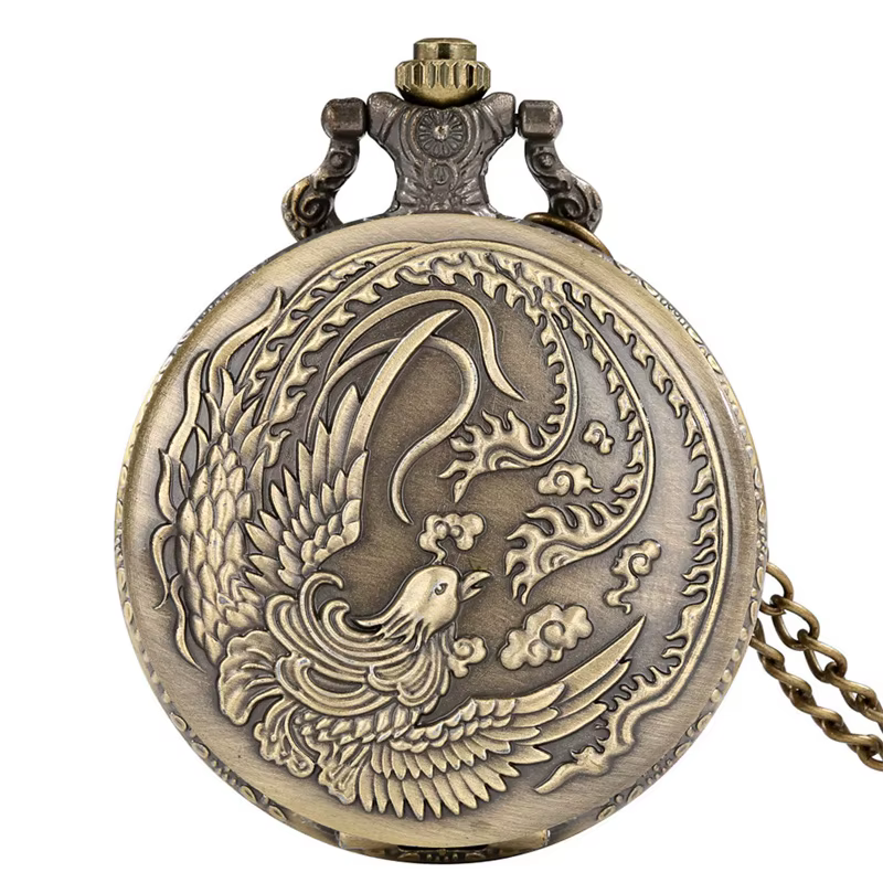 Montre de poche rétro Phoenix embossée, style vintage, mouvement à quartz analogique, avec chaîne de collier, oiseau mythique chinois