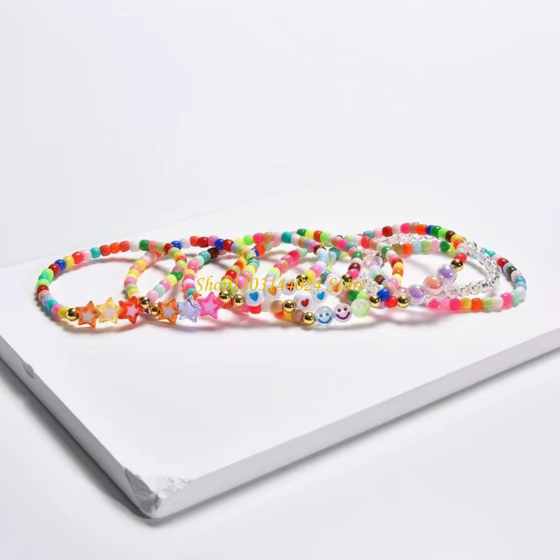 N5KE 8PCS Bracelets d'amitié empilables Bijoux poignet ajusté pour les filles Perles bohémiennes arc-en-ciel avec charme