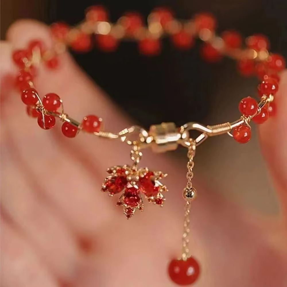 Bracelet Magnétique en Perles de Clip Rouge pour Femme