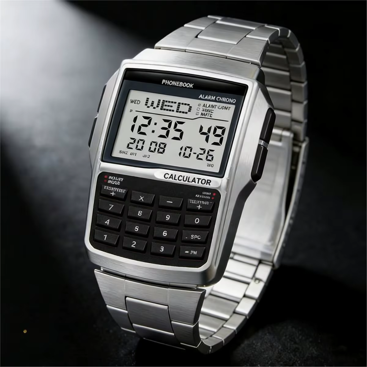 (DT80) Montre calculatrice en acier inoxydable