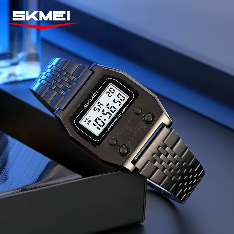SKMEI 2460 montre numérique étanche pour hommes en acier inoxydable Sport luxe rétro LED électronique