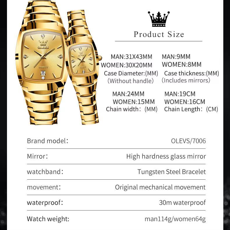 Montre OLEVS 7006 en acier tungstène doré pour homme et femme