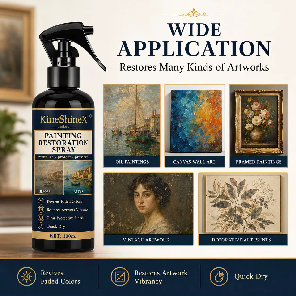 Spray de restauration de peinture 50ml/100ml – Redonne vie aux couleurs ternies et restaure la vitalité des œuvres d'art, séchage rapide pour les peintures à l'huile et les œuvres sur toile