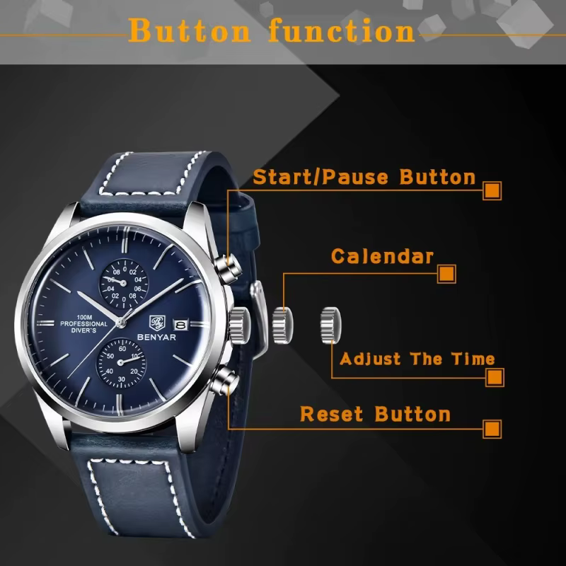 BENYAR 5187 classique Simple montre à Quartz pour hommes marque de luxe 100M étanche calendrier militaire sport chronographe bracelet en cuir