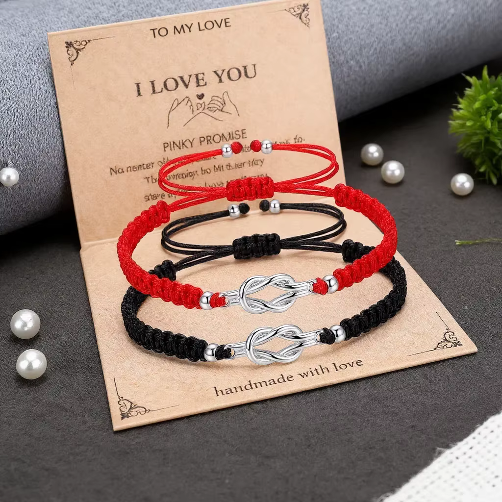 Ensemble de bracelets pour couple Infinity Knot pour femmes et hommes, noir et rose, bracelet en corde tressée réglable, bijoux tendance, cadeau d'amour
