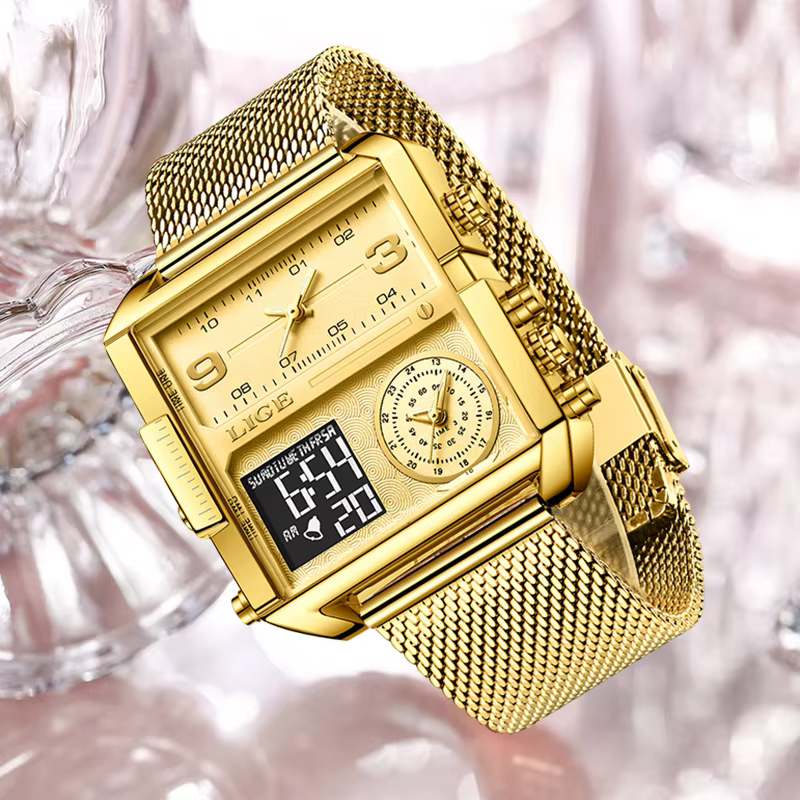 LIGE 2023 nouvelle montre en or femmes Top marque de luxe créatif montres carrées dames mode double affichage